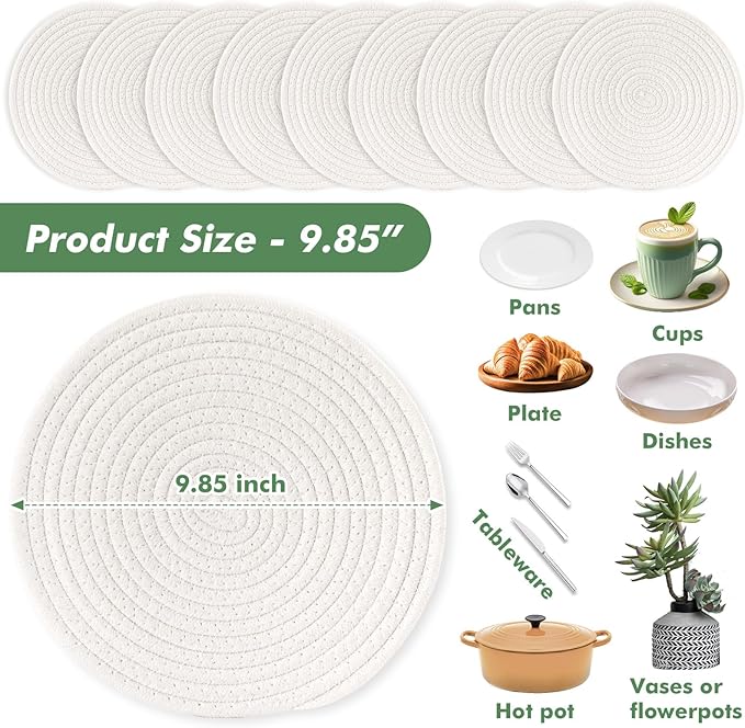 10 Inch Cotton Rope Trivets for Hot Dishes Set of 8 Heat Resistant Mats for Countertop Potholders for Kitchens Trivets for Hot Pots and Pans and Quartz Countertops Farmhouse Kitchen Décor, Beige