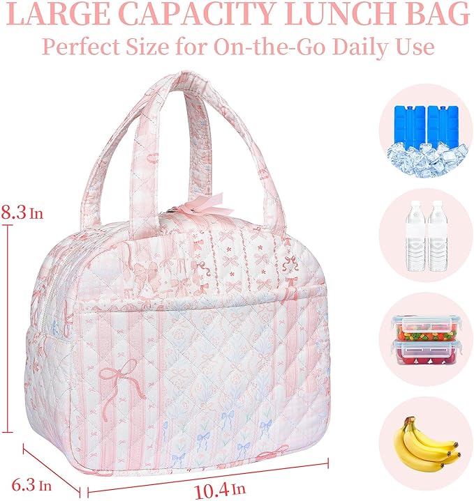 Quilted Lunch Box for Women,Lunch Box for Teen Girls,Cute Bow Patchwork Lunch Bags for Work, School,Office,Picnic,Travel(bow patchwork)