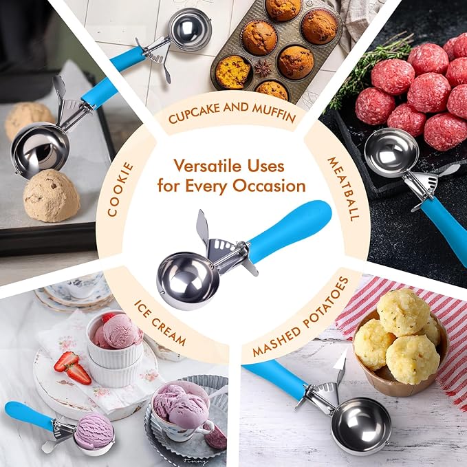 Ice Cream Scoop with Trigger, 2 OZ Scoop, #16 Disher, Muffin Scoop, Large Cookie Scoops for Baking, Blue Handle, for Portion Control, Dishwasher Safe, Comfortable Grip