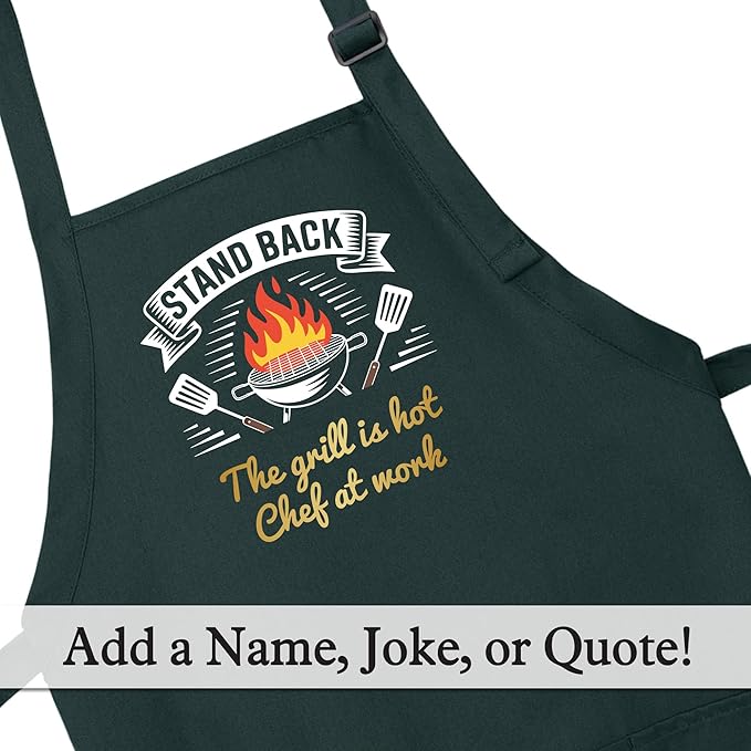 Personalized Medium Length Cooking & Grill Apron – Stand Back Design with Custom Text (1-2 Lines)