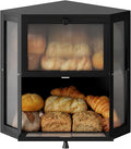 WOWLIVE Corner Bread Box for Kitchen Countertop, Double Layer Bamboo Bread Storage Container, Large Farmhouse Bread box with Acrylic Wavy Door Panel, Under Cabinet Organizer (Black, Extra Large)