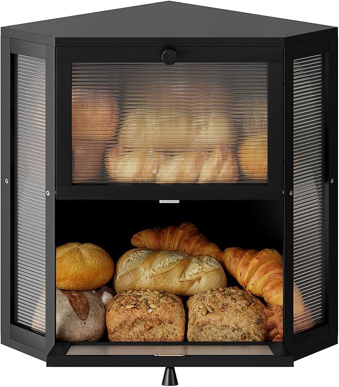 WOWLIVE Corner Bread Box for Kitchen Countertop, Double Layer Bamboo Bread Storage Container, Large Farmhouse Bread box with Acrylic Wavy Door Panel, Under Cabinet Organizer (Black, Extra Large)