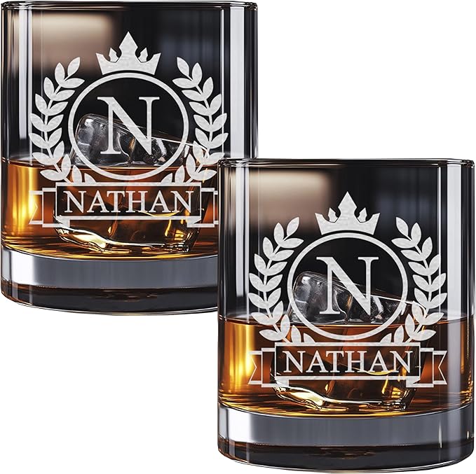 Personalized Whiskey Glass for Men, Custom Engraved Name & Initial Rocks Glasses, 11oz, Barware for Men, Father’s Day Gifts - Set of 2