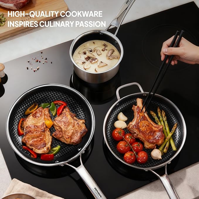 VINGLI 11 Pcs Non-Stick Cookware Set, Stainless Steel Pots and Pans Set with Lids, Non-Toxic Saute Sauce Pot, Soup Pot, Frying Pan, PFOA & PTFE Free, Compatible for All Cooktops (11 Nonstick Set)