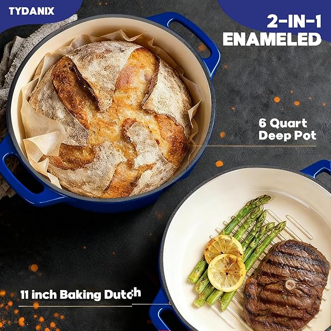 2-in-1 Multifunctional Enameled Cast Iron Dutch Oven, 6QT Loaf Pan with Dual Handles, Perfect for Baking Sourdough, Roasting, Braising & Stews, Oven & Stovetop Safe, Easy to Clean & Pre-Seasoned
