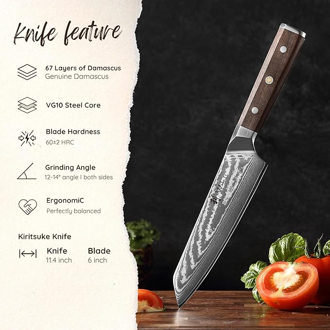 WakoliCDamascus Kiritsuke Knife – Full Tang Chef Knife | 6-Inch Blade Made of 67-Layer Damascus Steel with VG10 Core | Walnut Wood Handle | Sharp, Durable, Gift Box Included