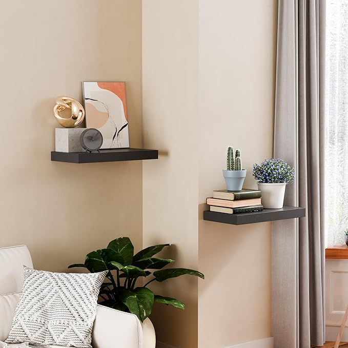 Black 16 Inch Floating Shelves for Wall, 8 Inch Deep Floating Shelves Set of 2, Wall Shelves for Bathroom Over Toilet, Live Edge Shelf with Invisible Brackets for Bedroom, Home Decor