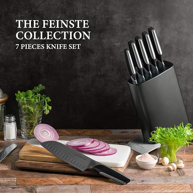 GRANDTIES 7-Piece Professional Kitchen Knife Set with Block, Kitchen Knives Sharpener | High Carbon German Stainless Steel, Ultra Sharp Chef Knife Set, Ergonomic Handle, Paring Knife, Carving