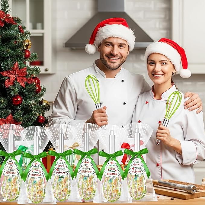 12 Sets 10 Inch Christmas Whisk Baking Gifts, DIY Fillable Christmas Tree Ornaments, Xmas Colored Silicone Whisks for Xmas Employee Neighbor Cooking Supplies Xmas Stocking Stuffers Candy Holder