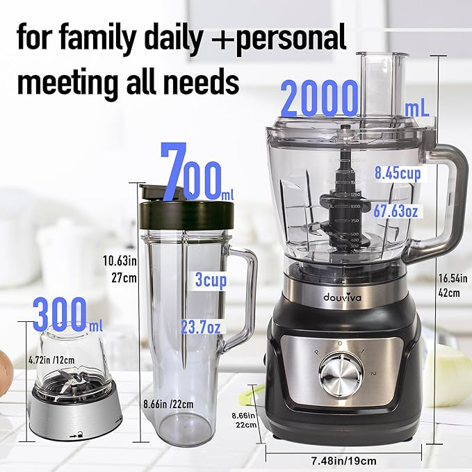 Food Processor Blender Combo, 3-1 Countertop Blender with 8cup Processor Bowl, Grinder,24oz To-Go Lid Cup, 1000W Blenders for Kitchen with Smoothies/Shakes/Mixing/Shredding/Slicing/Chop cheese/Dough
