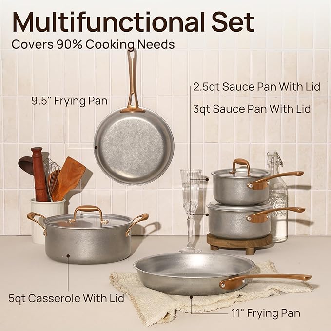 KOKHUB Pots and Pans Set 8 Pcs, Vintage Stainless Steel Cookware Set Non-Toxic, PFOA/PFOS/PTFE Free, Kitchen Cooking Set with Frying Pans, Saucepans, Oven & Dishwasher Safe, Induction Compatible