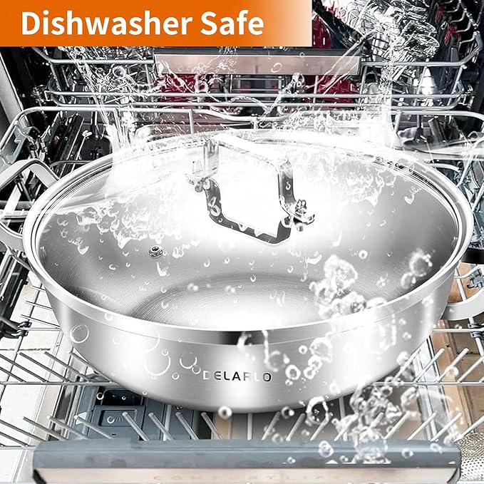 DELARLO Tri-Ply Stainless Steel 14 inch Everyday pan With lid, Everything Pan, Durable Deep Saute Pan, 7QT Induction Cooking Pot,Woks & Stir-Fry Pans Oven Safe Stock Pot