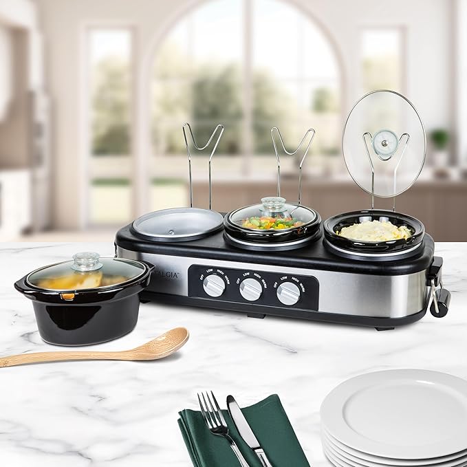 HomeCraft Nostalgia Stainless Steel 3-Station 1.5-Quart Oval Slow Cooker Buffet, With Lid & Spoon Rest, Adjustable Heat Control, Perfect for Parties, Holidays, Families