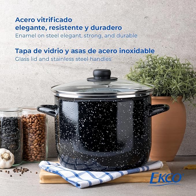 EKCO EOS 8-Quart Speckled Stockpot with Glass Lid (Black) Soup Pot for All Ranges, Dishwasher & Oven Safe up to 350°F - Non-Reactive Enameled Interior Pot for Gumbo, Stew, Boil, Pasta, Chili