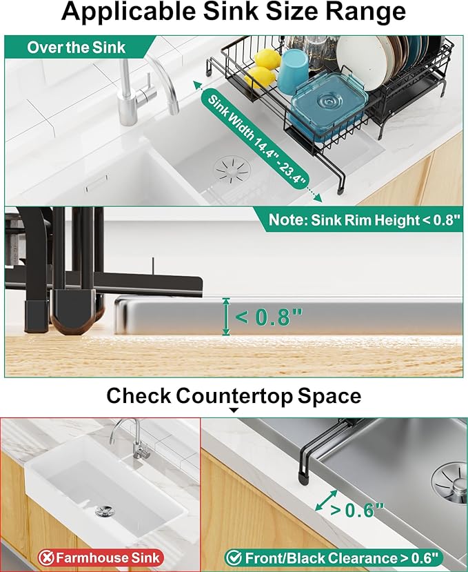 GSlife Expandable Dish Drying Rack - Small 2-in-1 Dish Racks for Kitchen Counter and Sink, Compact Dish Rack with 2 Pan Slot & High Raised Edges for RV and Apartment, 18.7"-11.4" L x 15.6" W, Black