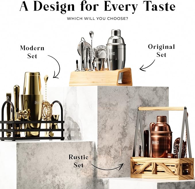 BARE BARREL® Mixology Bartender Kit Bar Set | 14-Piece Cocktail Shaker Set | Martini Barware Mixing Tools for Home Bartending | 35 Recipe Cards | Gift Set (24oz Cobbler Shaker, Brass/Black)