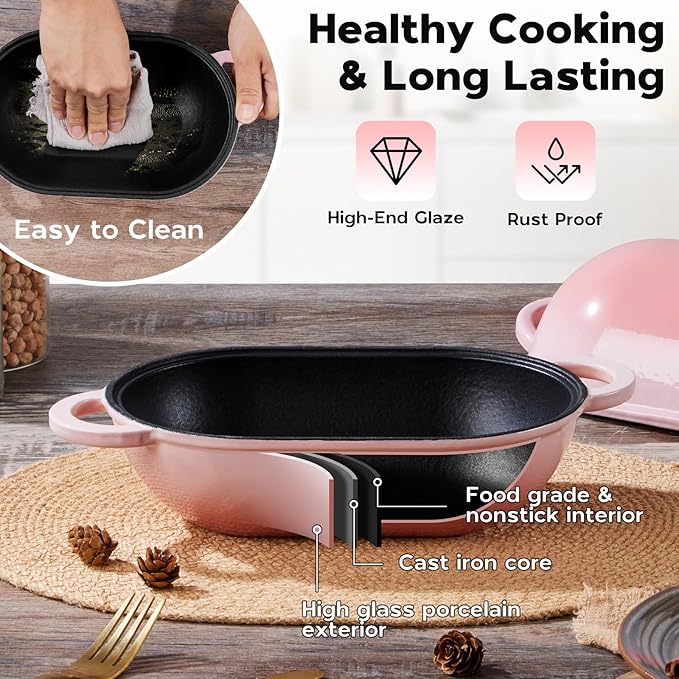 Onader Enameled Cast Iron Dutch Oven, 2.8QT Dutch Oven Pot with Lid for Sourdough Bread Baking, Oval Meatloaf Pan, Heavy Duty - Pink