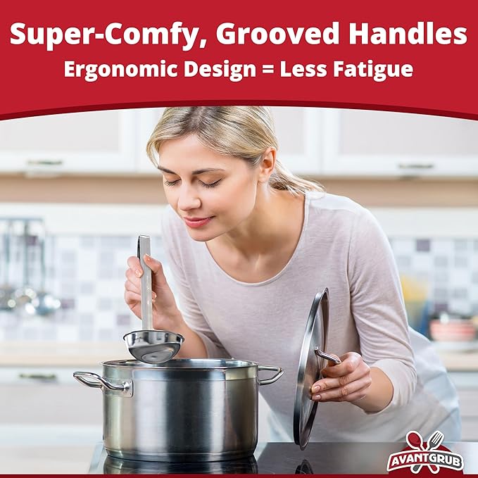 Super Sturdy, Ergonomic 1 Oz. Soup Ladle 3 Pk. Stainless Steel Ladles with Long Handles. Best Kitchen Accessories for Stirring, Portioning and Serving Soups, Chili and Stew in Restaurants and at Home