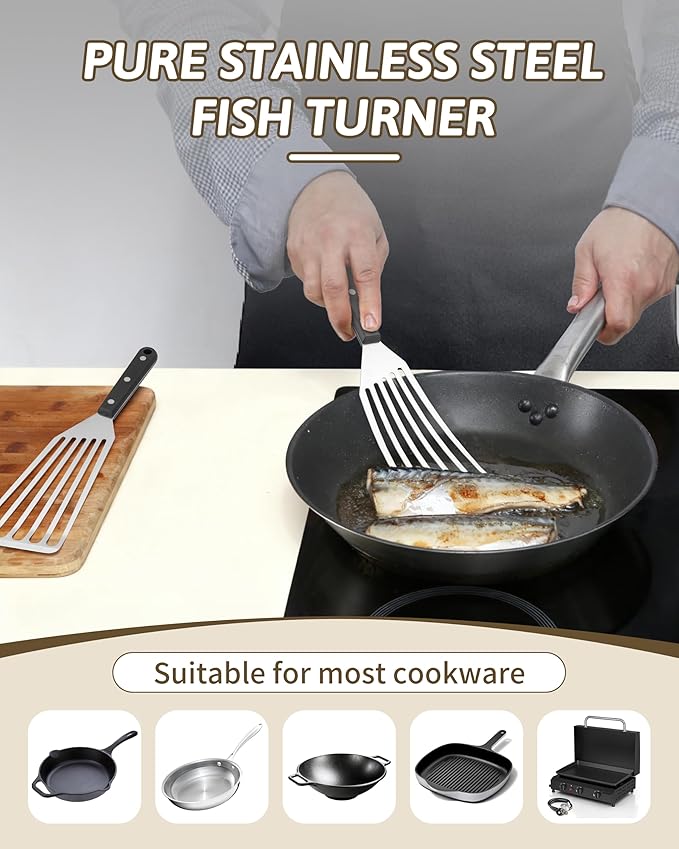 HaSteeL 2 Pack Fish Spatula Turner, 12.5" & 11" Stainless Steel Slotted Spatula Set for Kitchen Cooking, Flipping, Turning, Frying & Grilling, Full Tang ABS Handle, Dishwasher Safe