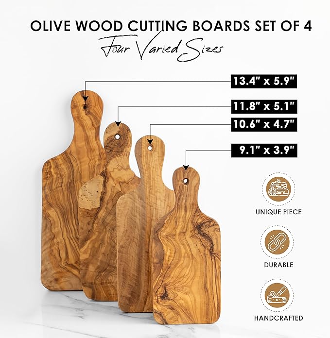 Premium Olive Wood Cutting Board Set of 4 - Handcrafted Sustainable Olivewood Boards with Beeswax Finish (9.05", 10.62", 11.81", 13.38") - Eco-Friendly, Durable, Knife-Friendly & Moisture-Resistant