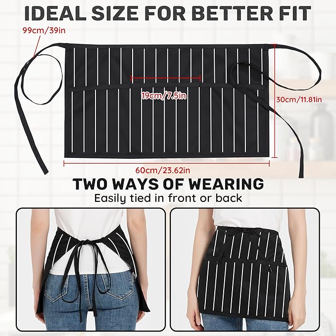 3 Pack Waist Apron with 3 Pockets, Unisex Black Waiter Aprons, Water Resistant Server Aprons for Restaurant Chef Bar