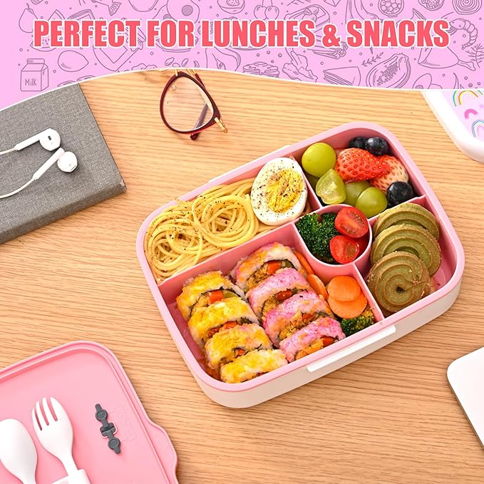 Bento Box for Kids Lunch Box Leak-Proof, Bento Lunch Box with 5 Compartments, Lunch Containers with 3 Silicone Baking Cups, Microwave/Dishwasher Safe (43OZ) (Pink with snack cup)