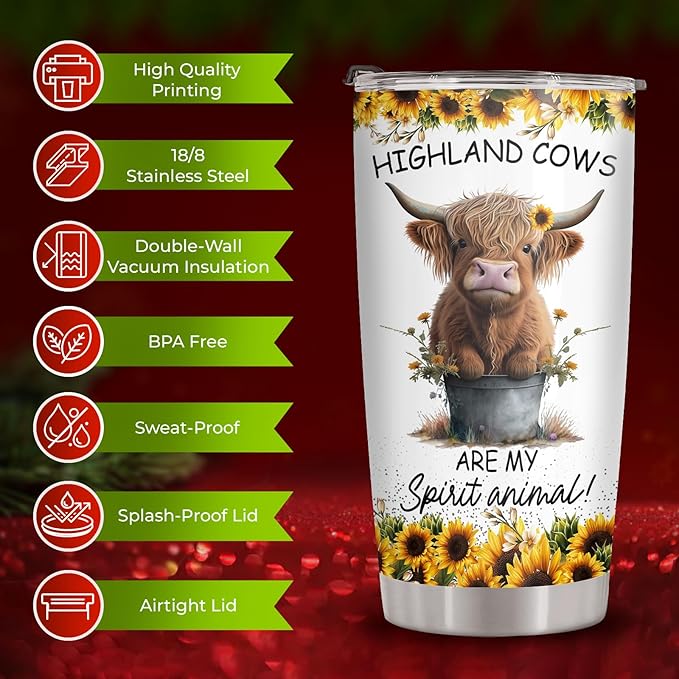 34HD Highland Cow Tumbler with Lid, 20oz Vacuum Insulated Heifer Coffee Mug, Highland Cow Gifts for Girls, Women on Birhday, Mothers Day, Christmas, Graduation