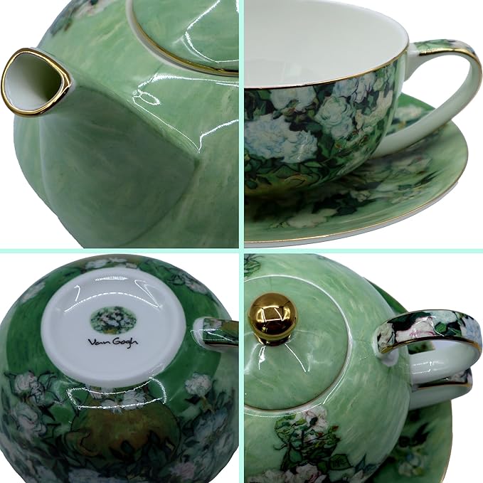 Porcelain 13 OZ Tea for One Teapot and Cup Set Vintage Floral Ceramic Tea Set European Style Tea pot and Saucer Set (White Roses)