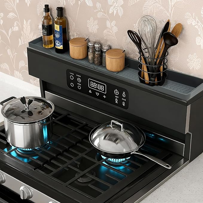 30" Stove Top Shelf, Soft and Heat Resistant,With 6 Suction Points,Fixed 3 Compartment Design For Storing Spices And Cooking Tools, Space Saving, Suitable For The Back Of The Stove,Grey.