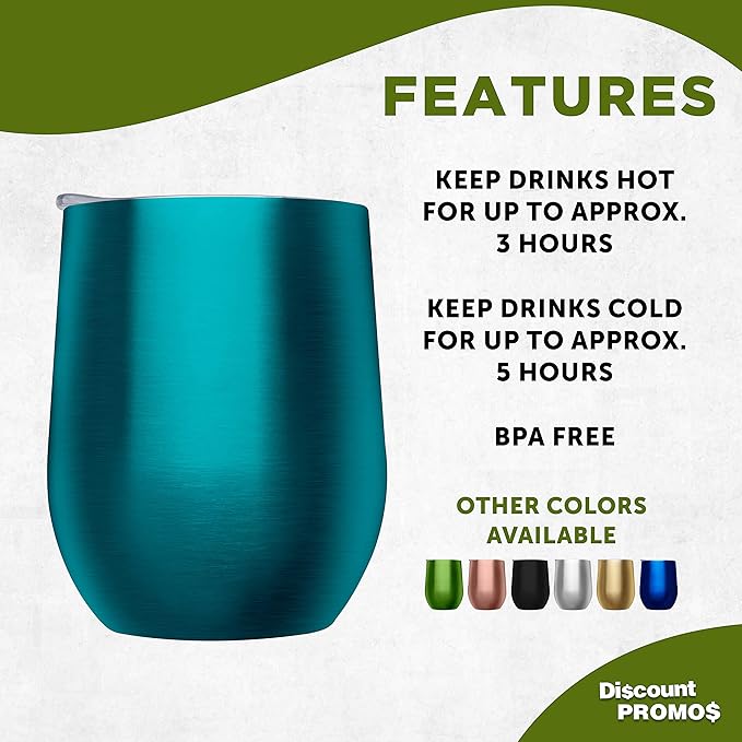 DISCOUNT PROMOS Stemless Wine Glass Tumblers with Lids by Largo 11 oz. Set of 6, Bulk Pack - Perfect for Wine, Cocktails, Other Hot & Cold Beverages - Teal