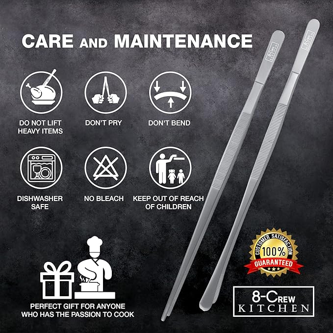 8-CREW KITCHEN Cooking Tweezers - 12 inch 304 Stainless Steel Set of 2 - Culinary Chef Tweezers for Multi-Purpose, Plating, Food Decorating & Bar