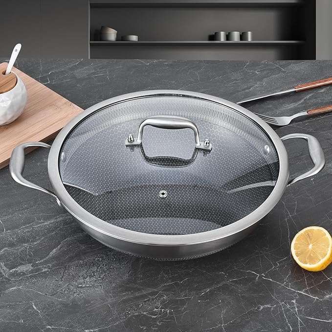 LOLYKITCH 13 Inch New Hybrid Tri-Ply Stainless Steel Wok Pan with Lid,Ceramic Non Stick Stir-Fry Pans,Induction Cooking Pot,Dishwasher and Oven Safe