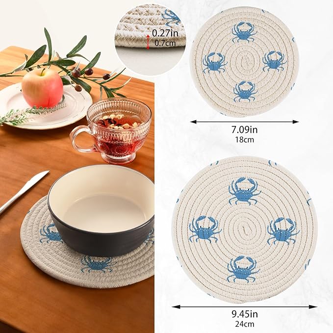 Kitchen Trivets Pot Holders Set of 2, Blue Sea Crab Trivets for Hot Pots Dishes Woven Trivet Coaster Pad Mat for Counter