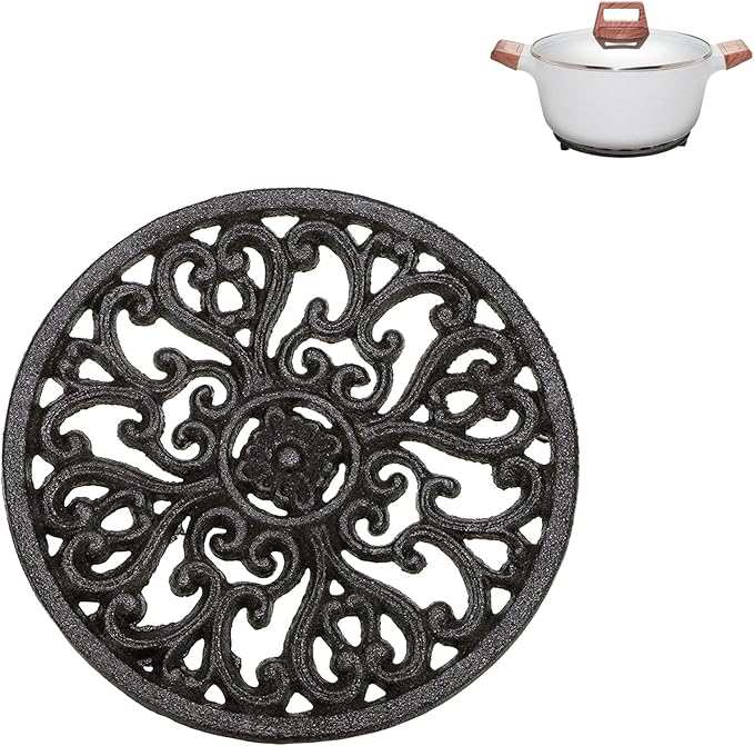 Sumnacon 1Pcs Round Cast Iron Trivet - 6.7 Inch Heat Resistant Iron Trivet for Hot Dish Pot Pan Plate Teapot, Rustic Cast Iron Hot Dish Plate Holder for Kitchen Dining Table Countertop Cooktop