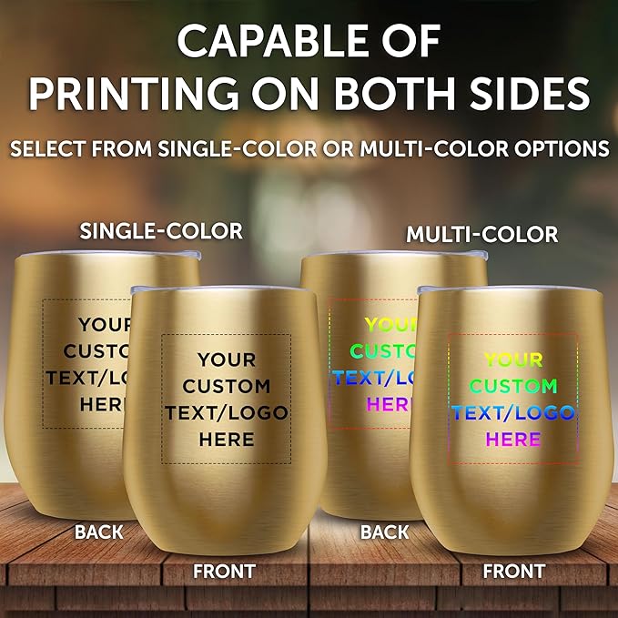 Custom Stemless Wine Glass Tumblers with Lids by Largo 11 oz. Set of 6, Personalized Bulk Pack - Perfect for Wine, Cocktails, Other Hot & Cold Beverages - Gold