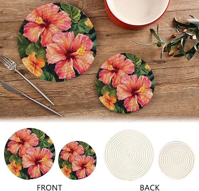 Hibiscus Flower Leaves Kitchen Trivets Pot Holders Set of 2, Trivets for Hot Pots Dishes Woven Trivet Coaster Pad Mat for Counter