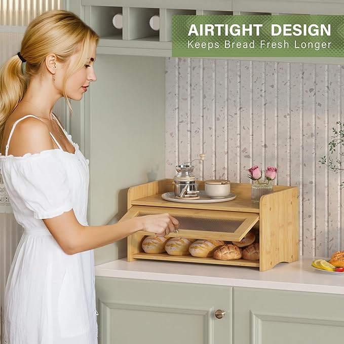 Vintage Bread Box for Kitchen Countertop Large Farmhouse Bread Storage Container under Cabinet Mount Bamboo Breadbox Organizer with Window for Homemade Bread (Bamboo)