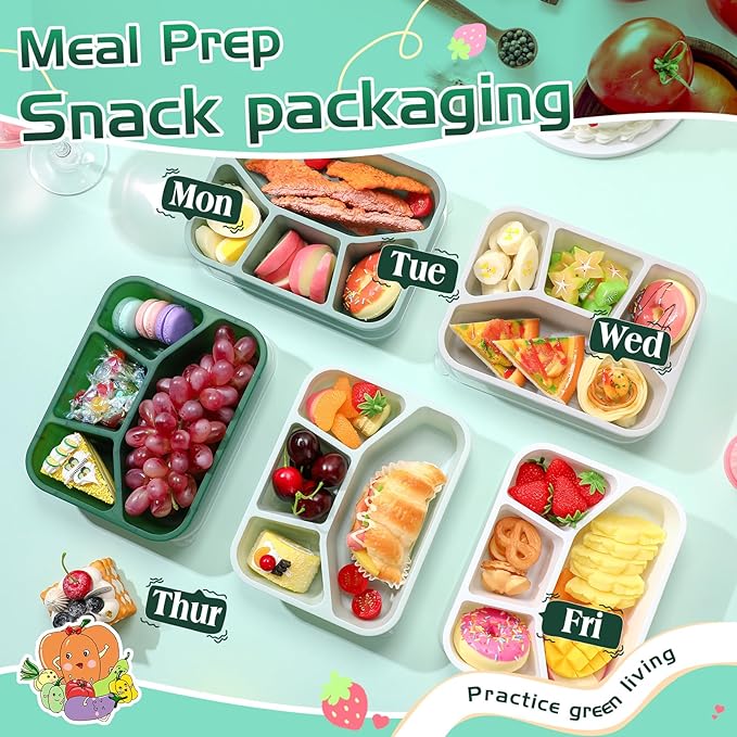 Honeydak 5 Pack Snack Containers 4 Compartment Bento Snack Boxes Reusable Lunchable Containers with Lids Divided Meal Prep Lunch Food Storage Box for School Work Travel(Sage,Mixed)
