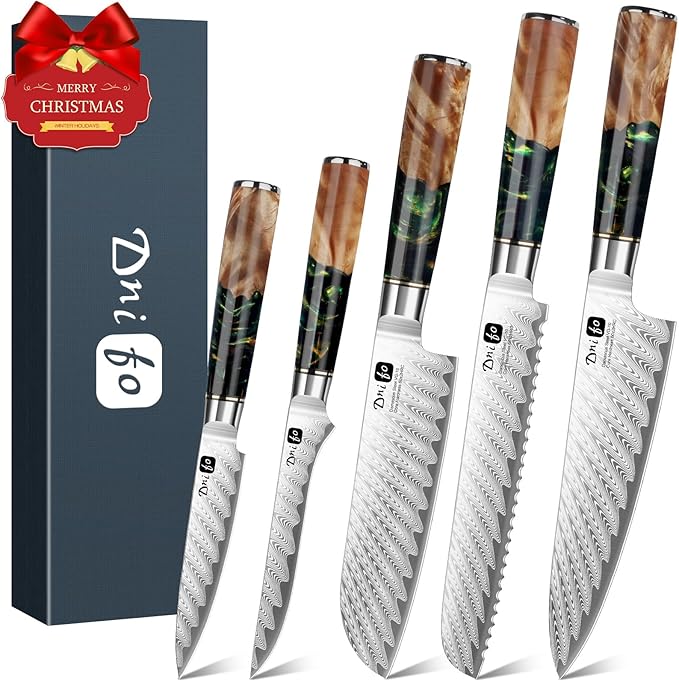 5 Piece Damascus Knife Set, Japanese Knives with 66-Layers Damascus Steel & VG 10 Steel Core, Resin Handle, Includes 5" Paring, 6" Boning, 7" Santoku, 8" Chef & 8" Bread Damascus Knives in Gift Box