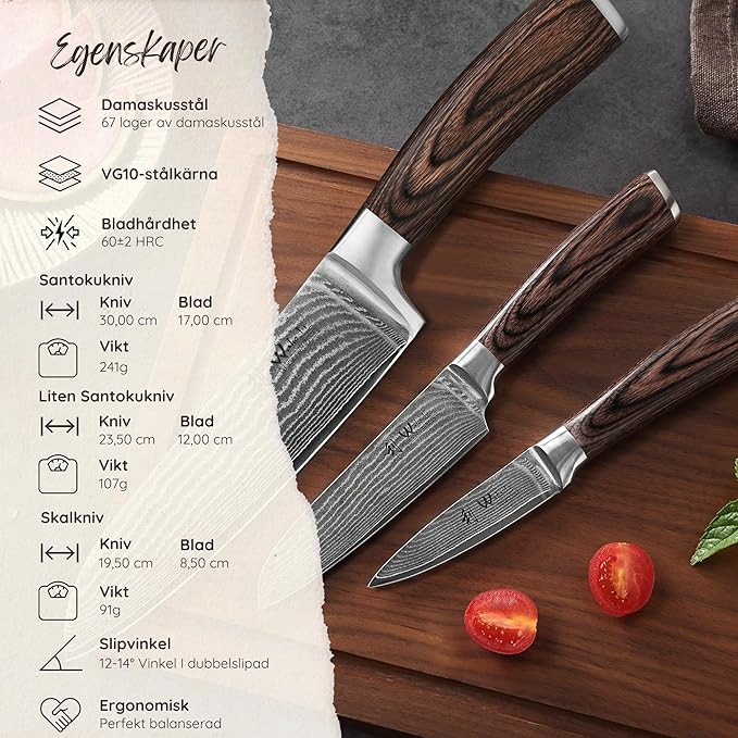 Wakoli EDIB 3-Piece Damascus Knife Block Set with Magnetic Knife Block – Chef Knives Set with 3.4" - 6.7" Blades, 67-Layer Damascus Steel (VG10 Core), Kitchen Knives with Pakkawood Handles