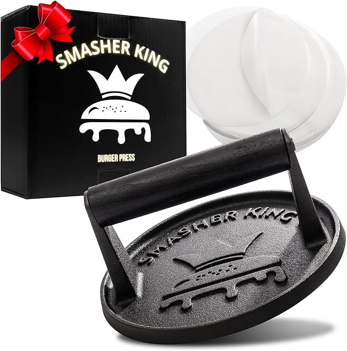SMASHER KING™ - Premium Cast Iron Smash Burger Press incl. 25 pcs of Patty Paper, Burger Smasher for Griddle with Black Wood Handle, Perfect Hamburger Press