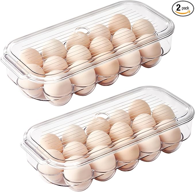 vacane Plastic Egg Holder for Refrigerator,Stackable Egg Holder Clear Tray with Lid,BPA-Free Egg Container Organizer Countertop Kitchen Fridge, Stores 16 Eggs - 2 Pack