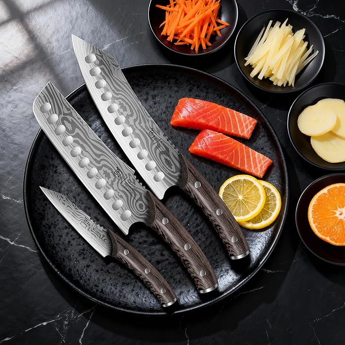 Kitchen Knife Set, 3PCS Japanese Style Chef Knives Set, Ultra Sharp Kiritsuke, Nakiri, Paring for Precision Cutting, Damascus Pattern Ergonomic Full Tang Wooden Handle, Christmas Cooking Gifts
