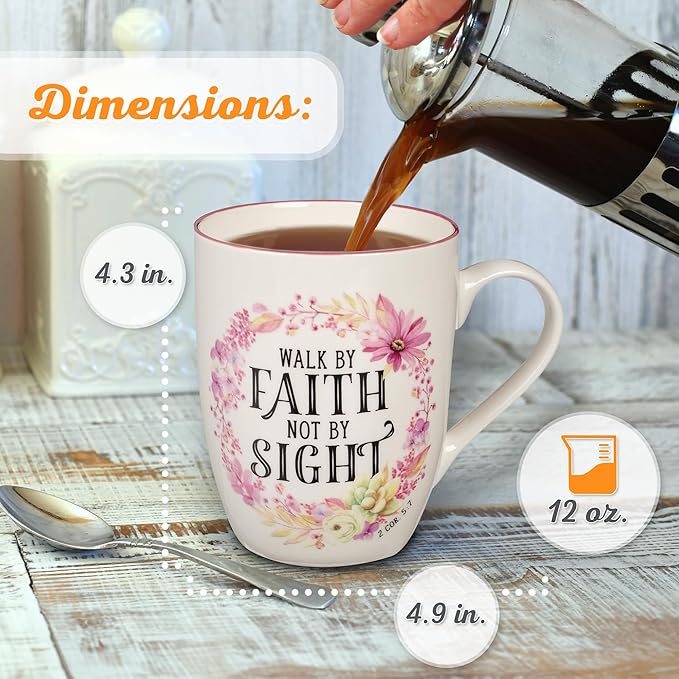 Christian Art Gifts Inspirational Scripture Ceramic Coffee & Tea Mug for Women: Walk by Faith Encouraging Bible Verse Cup, Microwave & Dishwasher Safe, Lead-free, White & Pink Floral Wreath, 12 oz.