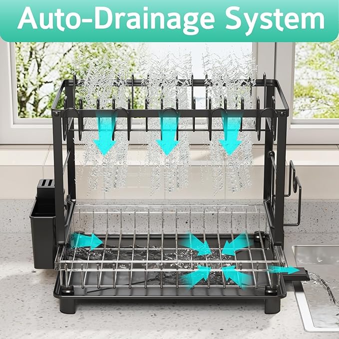 Vallary 2-Tier Dish Drying Rack with Drainboard – Rustproof Steel Kitchen Organizer with Utensil & Cup Holder, Cutting Board & Knife Stand – Space-Saving Countertop Dish Drainer (Black)