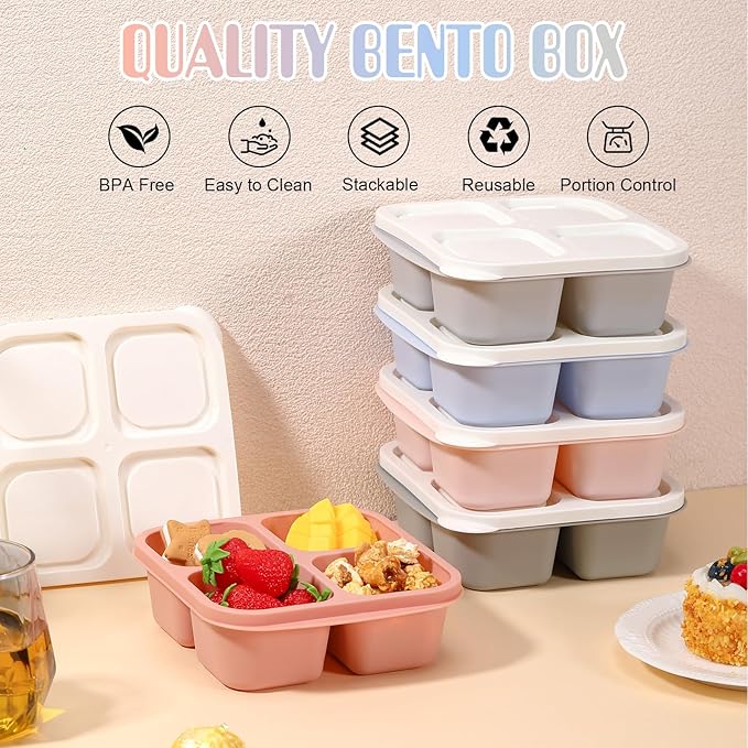 Honeydak 5 Pack Snack Containers 4 Compartment Bento Snack Boxes Reusable Lunchable Containers with Lids Divided Meal Prep Lunch Food Storage Box for School Work Travel(Morandi,Equal)