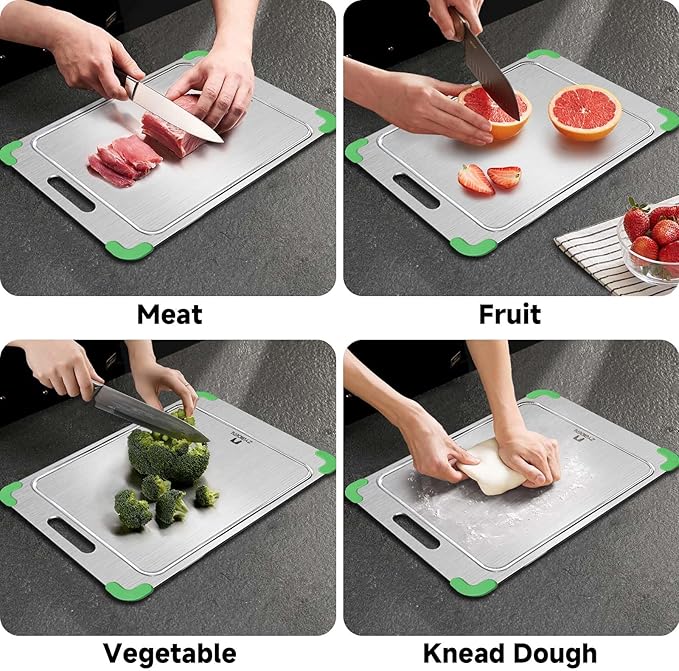 100% Pure Titanium Cutting Board with Grooves, Update Double Side Titanium Chopping Board, Silicone Anti-slip Stainless Cutting Boards for Kitchen 10 * 14 IN, Green