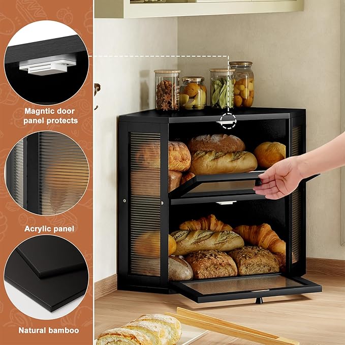 WOWLIVE Corner Bread Box for Kitchen Countertop, Double Layer Bamboo Bread Storage Container, Large Farmhouse Bread box with Acrylic Wavy Door Panel, Under Cabinet Organizer (Black, Medium)