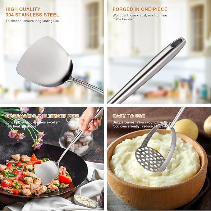 18/10 Stainless Steel Kitchen Utensils, Metal Cooking Utensils Set, 12 PCS Large Metal Cooking Utensil Tools Set