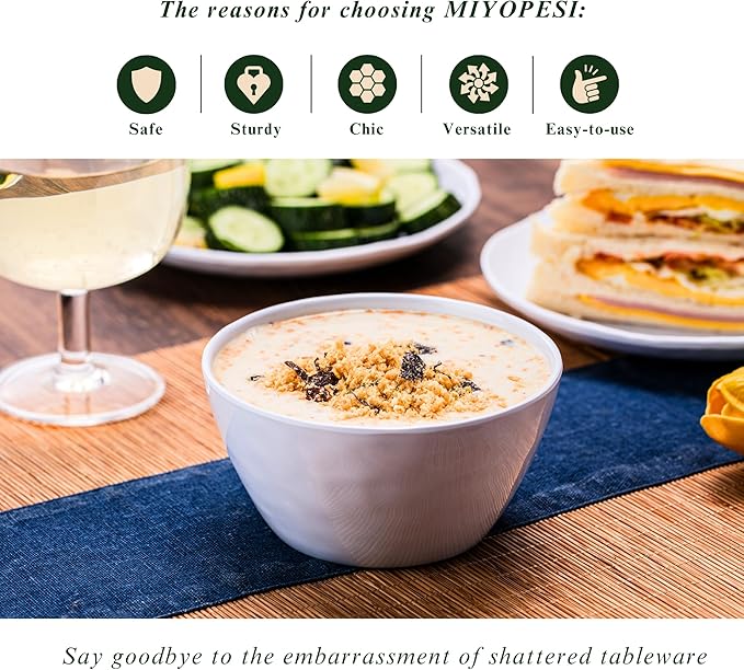 4.7-Inch Melamine Rice Bowls (Set of 6) - 12oz Unbreakable and Reusable Soup Bowls with Ceramic Feel, Stackable and Dishwasher-Safe Dinnerware (White)